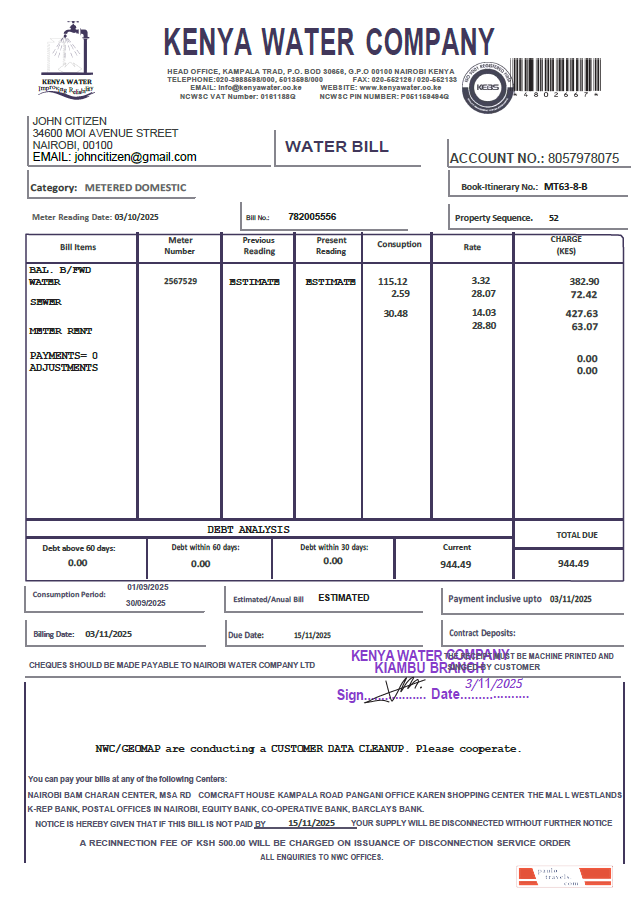 Kenya Kenya Water Company utility bill template in Word and PDF formats
